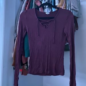 purple bodycon shirt with crisscross tie